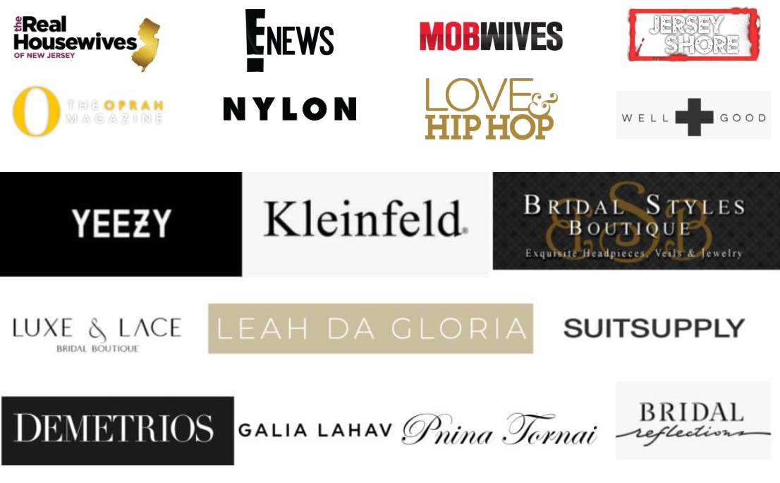 Real Housewives, E News, Mob Wives, Jersey Shore, Oprah Magazine, Nylon, Love and Hip Hop, Well and Good, Yeezy, Kleinfeld, Bridal Styles Boutique logotypes grid strip representation