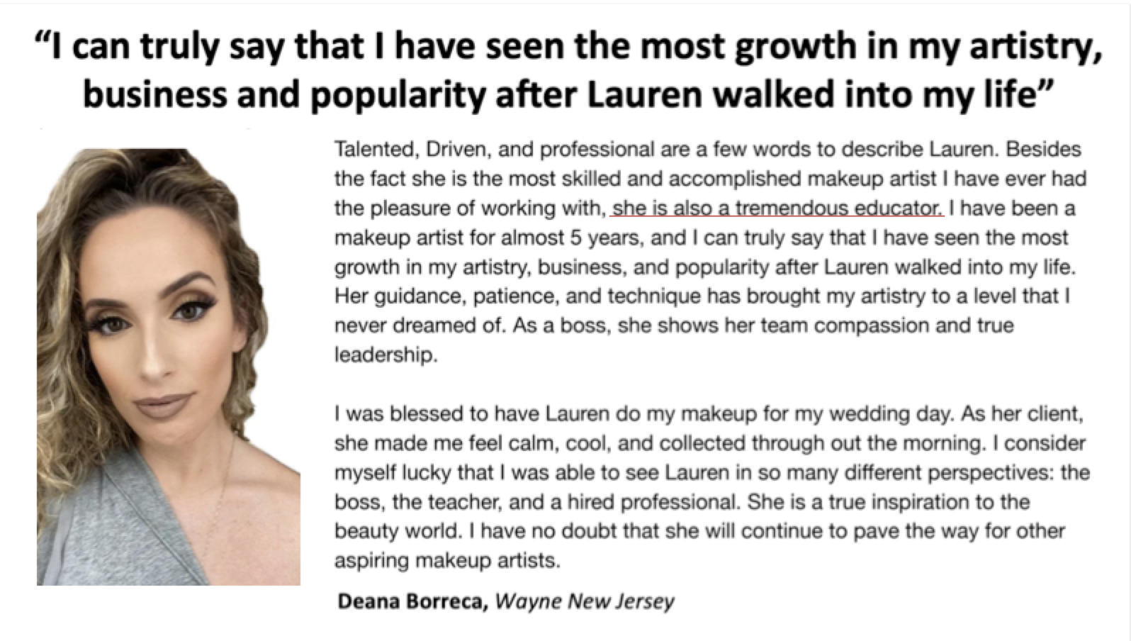Deana Borreca Testimonial - I can truly say that I have seen the most growth in my artistry