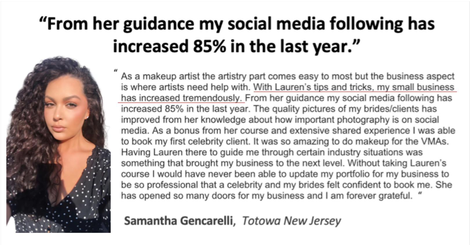 Samantha Gencarelli Testimonial - From her guidance my social media following has increased 85%